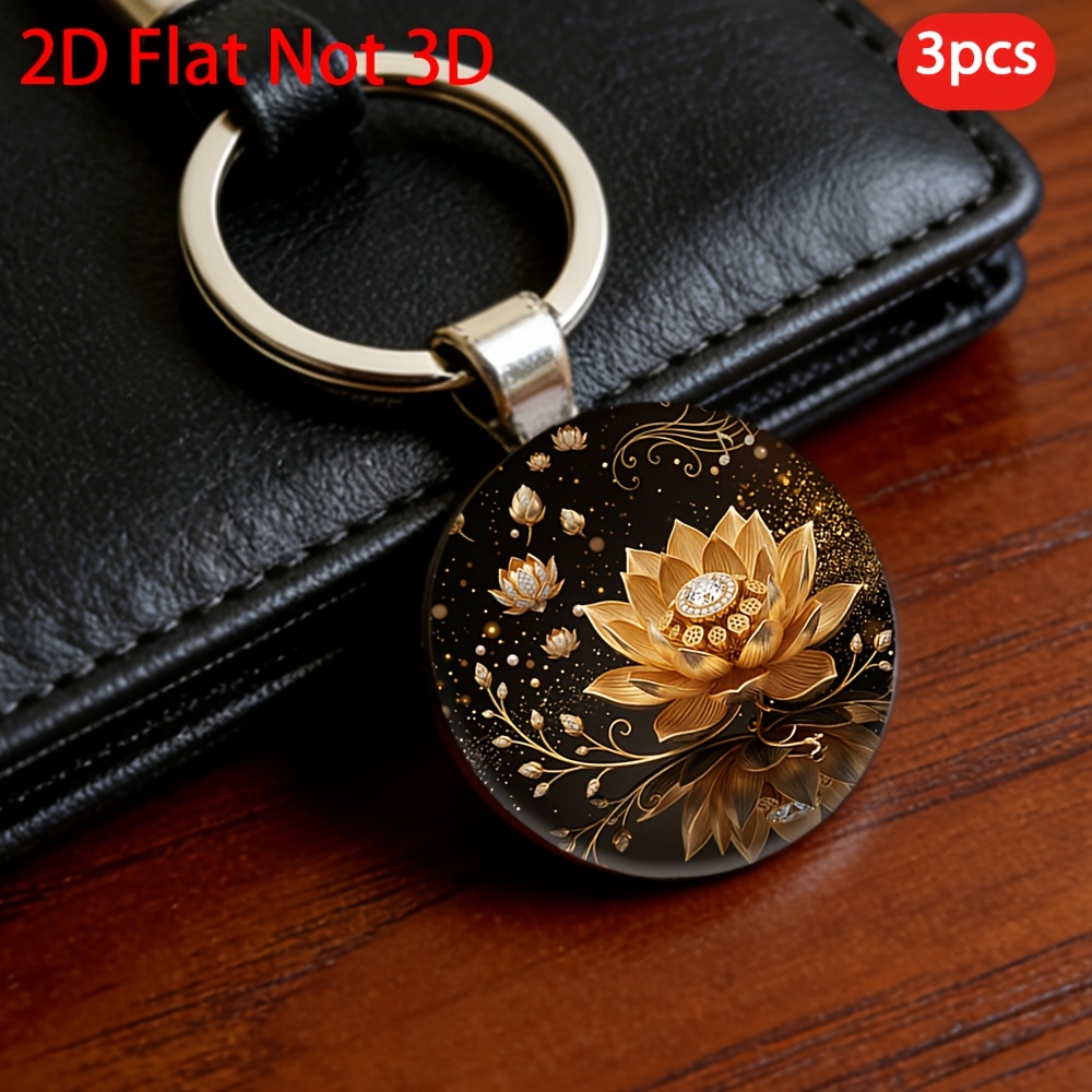 Dazzling Golden Lotus Themed Keychain, 3pcs Set